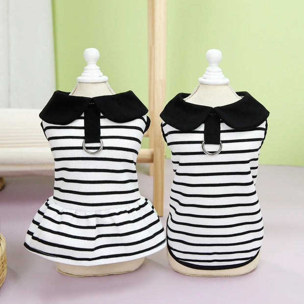 Pet Clothing Spring Summer Striped T-shirts Lapel Dresses Couple Outfits Breathable Dog Clothing Cat Dresses Small Dog Clothing