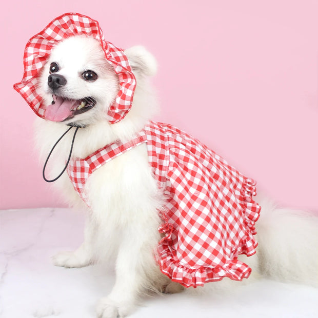 Summer Cat And Dogs Dress Fashion Cooling Red plaid Pet Clothes Birthday Party Cosplay Creative Cat Skirt Dog Cap Set Chihuahua