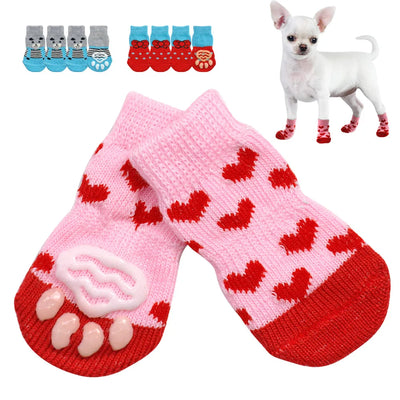 Pet Clothing 4pcs Cute Dog Socks Winter Indoor Cat Anti-Slip Knit Sock Wear Slip On Paw Protector Chihuahua Boots Pet Dog Socks