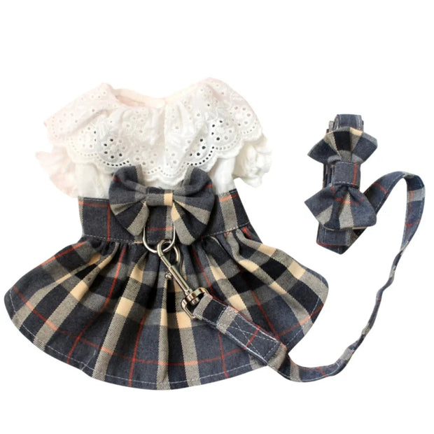 Dog Clothes Dog Dress Plaid Skirt With Big Bowknot Pet Harness With Leash Set For Girls Small Medium Chihuahua Dog Clothing