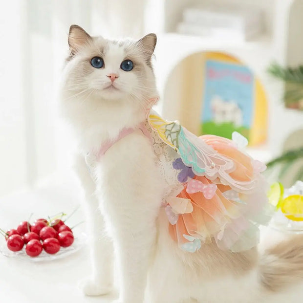 New Rainbow Butterfly Cat Princess Dress Fantasy Butterfly Dog Mesh Dresses Sweet Pet Dress Summer Pet Cat Puppy Clothes