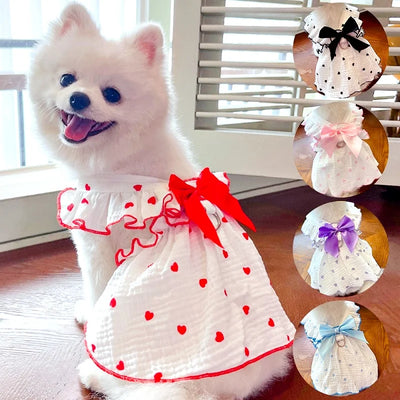 Luxury Dog Clothes Heart Print Bow Dress Chihuahua Sweet Skirts Puppy Dress for Girl Dog Cat Princess Dress Pet Costume Bichon