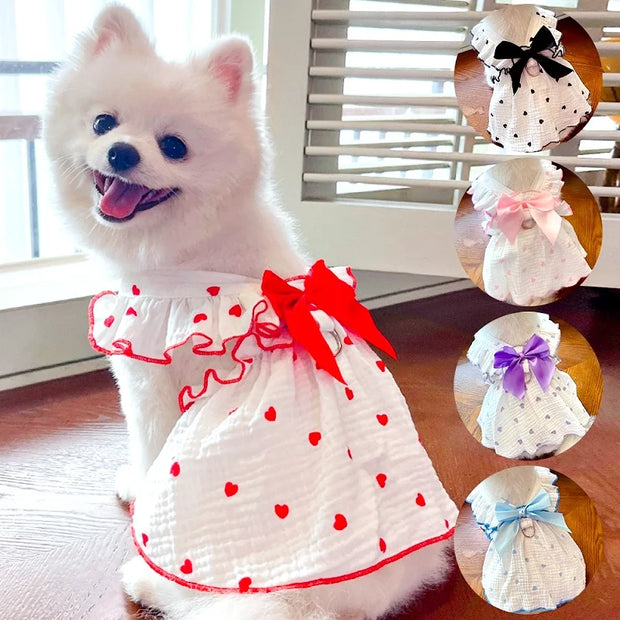 Luxury Dog Clothes Heart Print Bow Dress Chihuahua Sweet Skirts Puppy Dress for Girl Dog Cat Princess Dress Pet Costume Bichon