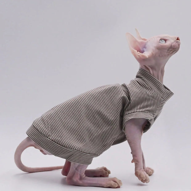 Fashion Cotton Vest for Sphynx Cat Clothes Brown Stripe Short Sleeves for Kittens soft Coat for Devon Rex Costume Spring Summer