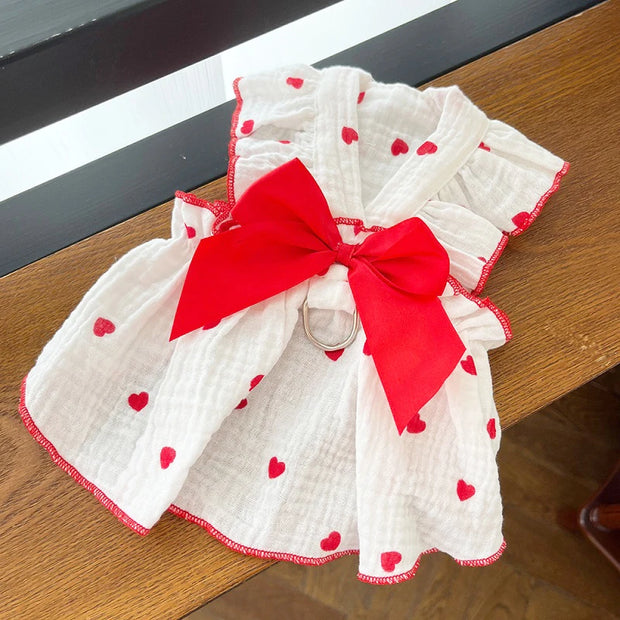 Luxury Dog Clothes Heart Print Bow Dress Chihuahua Sweet Skirts Puppy Dress for Girl Dog Cat Princess Dress Pet Costume Bichon