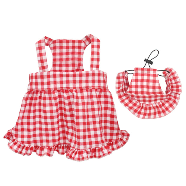 Summer Cat And Dogs Dress Fashion Cooling Red plaid Pet Clothes Birthday Party Cosplay Creative Cat Skirt Dog Cap Set Chihuahua