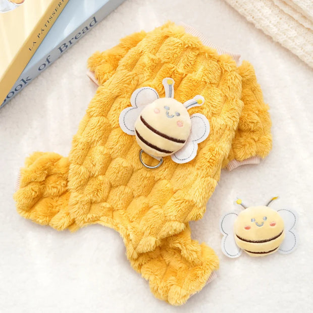 New Four-Legged Pet Clothing Plush Bee Traction Pet Dog Cat Clothes Supplies Autumn-Winter Warm and Thickening Teddy