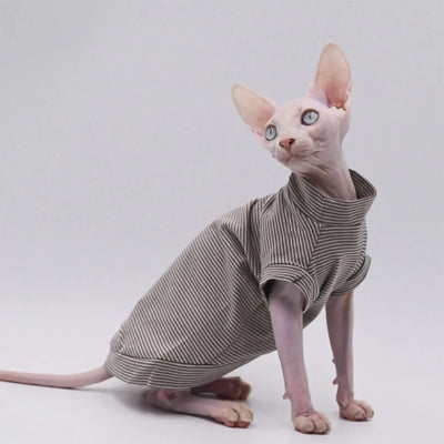 Fashion Cotton Vest for Sphynx Cat Clothes Brown Stripe Short Sleeves for Kittens soft Coat for Devon Rex Costume Spring Summer