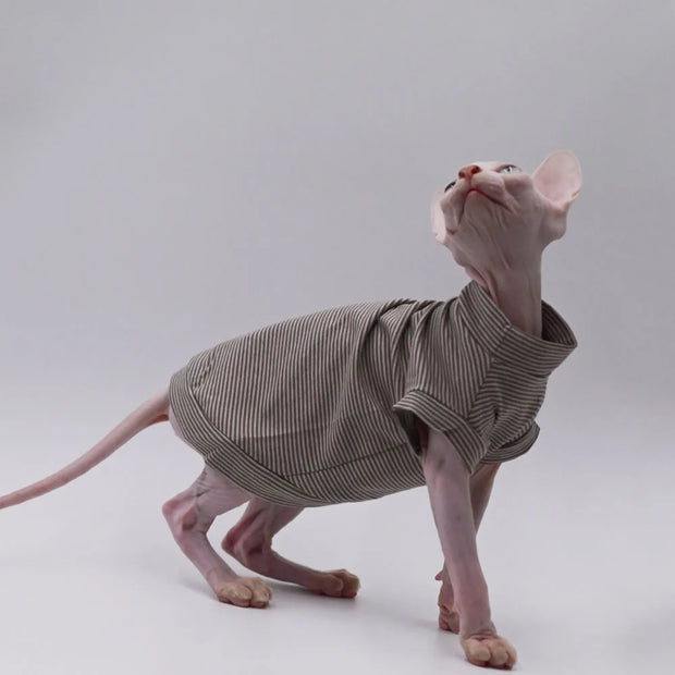 Fashion Cotton Vest for Sphynx Cat Clothes Brown Stripe Short Sleeves for Kittens soft Coat for Devon Rex Costume Spring Summer