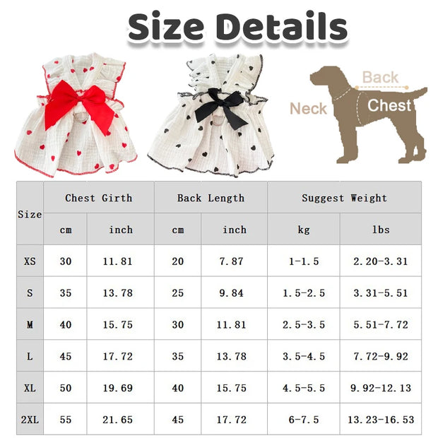 Luxury Dog Clothes Heart Print Bow Dress Chihuahua Sweet Skirts Puppy Dress for Girl Dog Cat Princess Dress Pet Costume Bichon