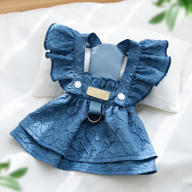 Luxury Jacquard Dog Dress for Small Dogs Cats Girl, Ruffles Sleeve Puppy Princess Strap Skirts Spring Summer Clothes Pet Apparel