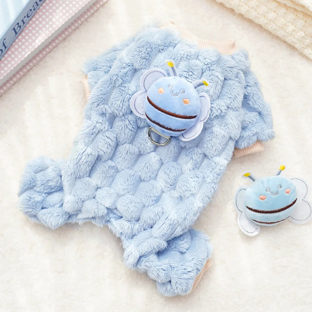 New Four-Legged Pet Clothing Plush Bee Traction Pet Dog Cat Clothes Supplies Autumn-Winter Warm and Thickening Teddy