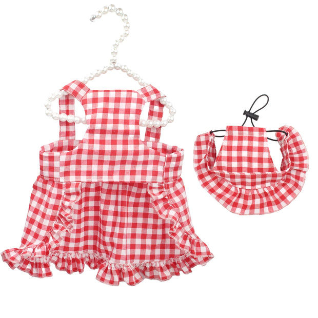 Summer Cat And Dogs Dress Fashion Cooling Red plaid Pet Clothes Birthday Party Cosplay Creative Cat Skirt Dog Cap Set Chihuahua