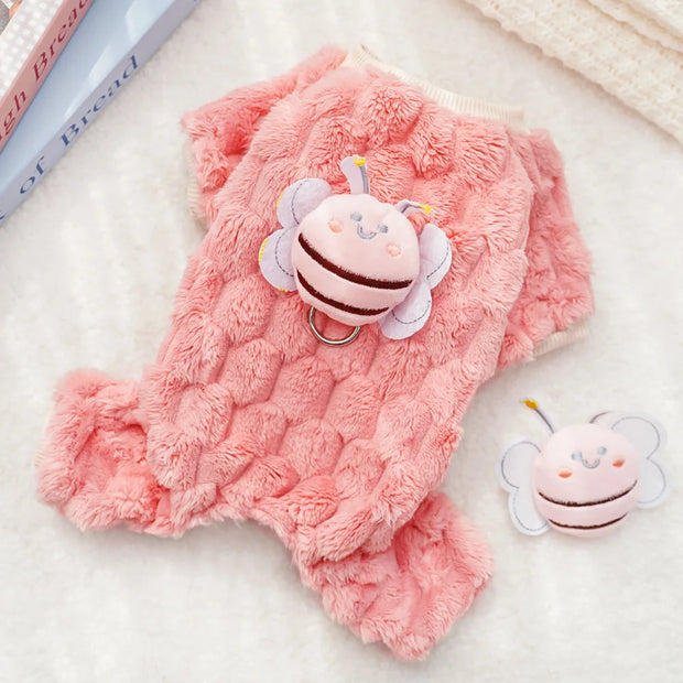 New Four-Legged Pet Clothing Plush Bee Traction Pet Dog Cat Clothes Supplies Autumn-Winter Warm and Thickening Teddy