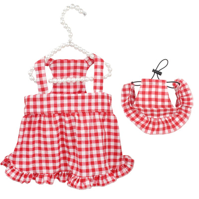 Summer Cat And Dogs Dress Fashion Cooling Red plaid Pet Clothes Birthday Party Cosplay Creative Cat Skirt Dog Cap Set Chihuahua